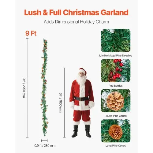 VEVOR Weihnachtsgirlande, 2750 mm künstliche Tannengirlande mit Lichterkette, Weihnachtsdeko mit Beeren-Büscheln, Tannennadeln, Tannenzapfen, realistische Weihnachtskollektion für Kaminsims & Kamin VEVOR Weihnachtsgirlande, 2750 mm künstliche Tannengirlande mit Lichterkette, Weihnachtsdeko mit Beeren-Büscheln, Tannennadeln, Tannenzapfen, realistische Weihnachtskollektion für Kaminsims & Kamin
