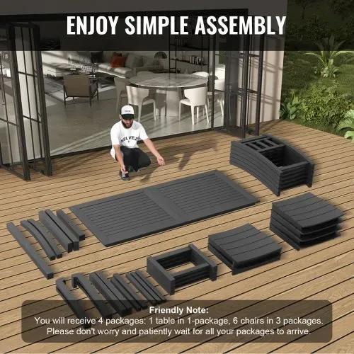 VEVOR 7-teiliges Gartenmöbel Set Balkonmöbel Set 1 Tisch + 6 Stühle, 150 kg / 150 kg Sitzgruppe Garnitur Wetterfest Sonnenfest, Essgruppe Garten Terrassenmöbel-Set Modern Balkon Möbel Schwarz – Bild 5