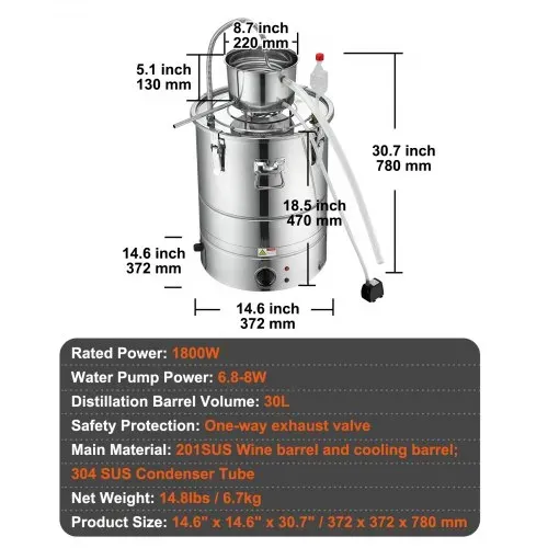 VEVOR Wasser Alkohol Destillierer 30 L Distillieranlage 1800 W Edelstahl Schnapsbrennen Destilliergerät Komplettes Set Enthalten, Ende Produkte Obstweinen, Whisky, Schnaps, Champagner, Wodka usw. – Bild 6