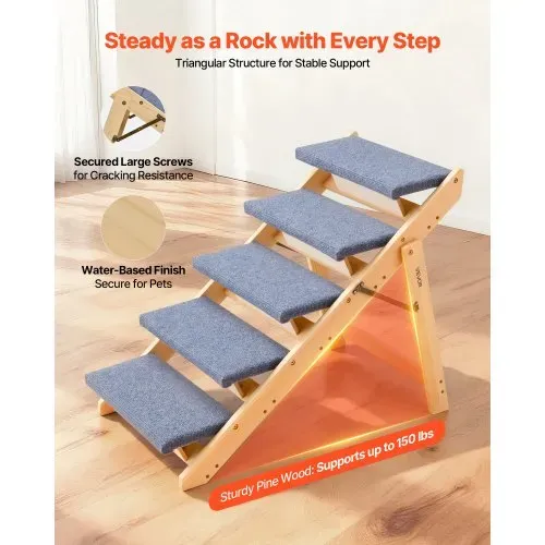 VEVOR Hundetreppe 780x470x660 mm, 5-stufige Hautiertreppe, klappbare Holztreppe geeignet für kleine, mittlere, große, ältere Haustiere sowie Welpen bis 68 kg, Hundeleiter für Betten, Sofas & Autos – Bild 2