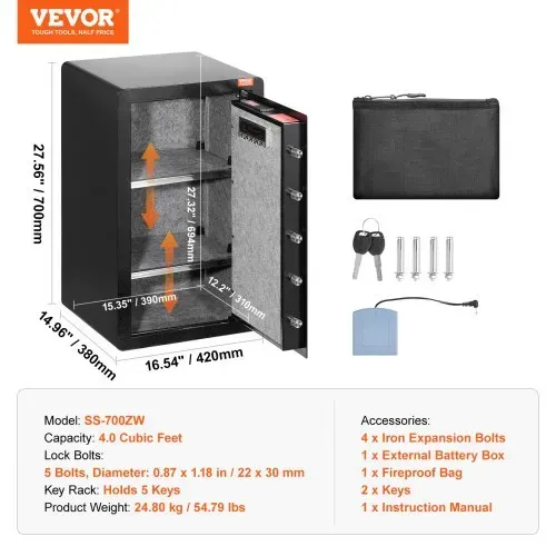 VEVOR Safe Tresor mit feuerfester Geldtasche, Einzeltür-Safe 113 L, 2 Trennwände, digitaler Möbeltresor mit Schlüssel, Code und Fingerabdruck, Wertsachenbox für Geld und Schmuck, Geldtresor Schwarz – Bild 6