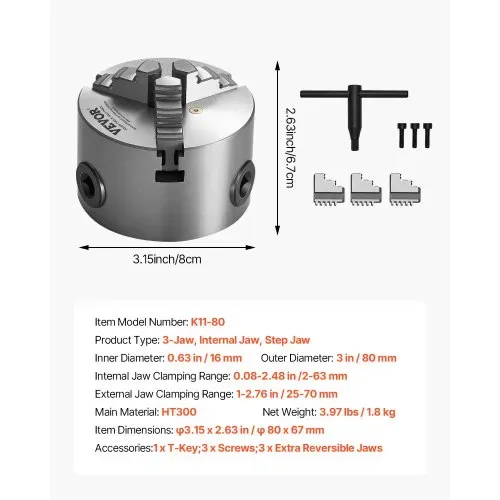 VEVOR 3-Backen-Drehfutter, 80 mm, selbstzentrierendes Spannfutter, 2-63 mm Spannbereich mit T-Schlüssel-Befestigungsschrauben, umkehrbare Backen, HT300-Material, für Holz-Metall-Drehmaschine – Bild 6