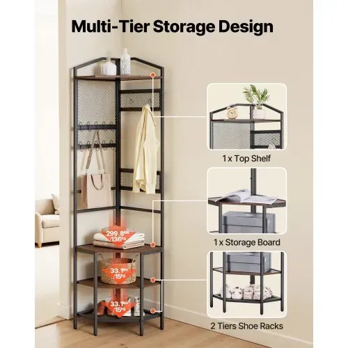 VEVOR Eckgarderobe (181 cm Hoch) mit Haken, Ablagefläche & Stahlrahmen, Garderobenständer mit Kippsicherung, Verstellbaren und Rutschfesten Füße, Garderobenregal für Eingangsbereich Büro Wohnzimmer – Bild 3