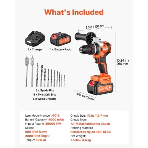 VEVOR Akku-Schlagbohrschrauber 20V 12,7 mm 26000 IPM 500 U/min/2.000 U/min, zum Bohren in Holz & Metall sowie zum Schrauben, 4000-mAh-Lithium-Ionen-Akku & Ladegerät, mit Ganzmetall-Bohrfutter, 90 Nm – Bild 6