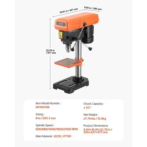 VEVOR 203,2 mm Tischbohrmaschine, 500 W Induktionsmotor, Säulenbohrmaschine mit 500 bis 2500 U/min einstellbarer Drehzahl, 0–45° neigbarer Arbeitstisch, LED, Standbohrmaschine für Holzmetall – Bild 6