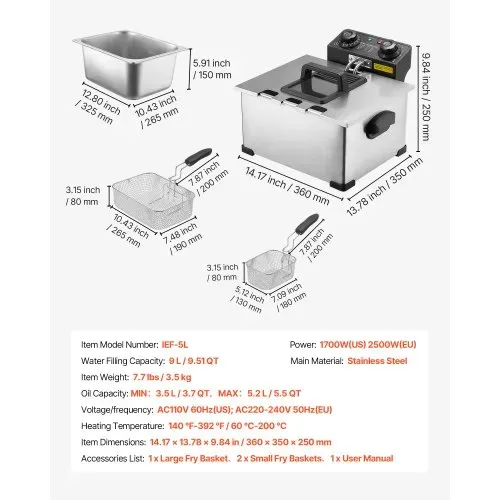 VEVOR Gewerbliche Elektrische Fritteuse 5,2 L Ölkapazität 2500 W Edelstahl, Tischgerät mit Frittierkörben (zwei Kleine + ein Großer), Überhitzungsschutz, Temperaturregelung und Timer, Silber – Bild 6
