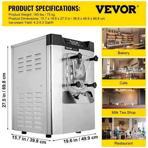 VEVOR kommerzielle Eismaschine Eiscrememaschine 16-20 L/H Eiscreme, 1400 W Harteiscreme-Maschine mit intelligentem LCD-Display & verschiedenen Geschmacksrichtungen, für Snackbar, Restaurant Silber – Bild 6