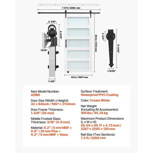 VEVOR Schiebetür im Scheunenstil Schiebetürsystem (1067 x 2134 mm) aus hochfesten MDF-Platten & Milchglas, Scheunentor mit Hardware-Kit & wasserfester PVC-Oberfläche & H-Rahmen für Badezimmer – Bild 6