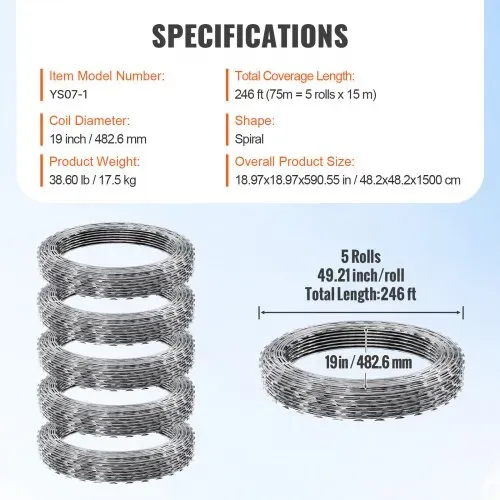 VEVOR Natodraht 75 m (5 Rollen x 15 m) Stacheldraht Spirale Sperrdraht Stacheldrahtzaun (0,51 mm) scharfe Klingen und (ca. 4 mm) dicke Kerndrähte Maschendraht für außergewöhnlichen Spiralschutz – Bild 6