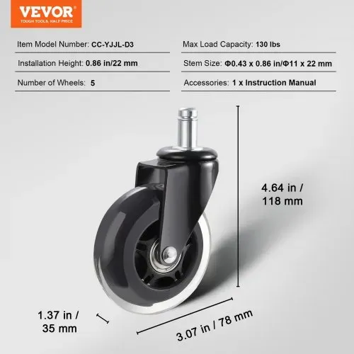 VEVOR Bürostuhl Rollen(5er Set) φ76,2MM Ersatz-Hartbodenrollen aus Polyurethan Schreibtischstuhl Rollen 59kg Tragfähigkeit Drehstuhlrollen Ideal für Bürostühle Gaming-Stühle Drehstühle – Bild 6