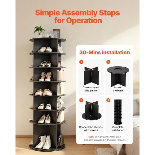 VEVOR Schuhregal Schuhschrank für 28 Paar Schuhe (7-stöckig) 360° drehbar, platzsparende Schuhaufbewahrung, Schuhablage für Schlafzimmer Wohnzimmer Eingangsbereich, Schwarz 598 x 598 x 1805 mm – Bild 5