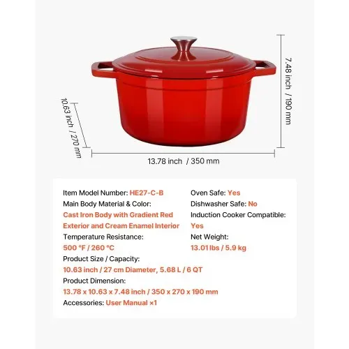 VEVOR Schmortopf aus emailliertem Gusseisen, 5,68 L Dutch Oven zum Backen von Sauerteigbrot, robuster Kochtopf mit Deckel & 2 Griffen, geeignet bis 260 °C, Feuertopf zum Kochen und Braten – Bild 6