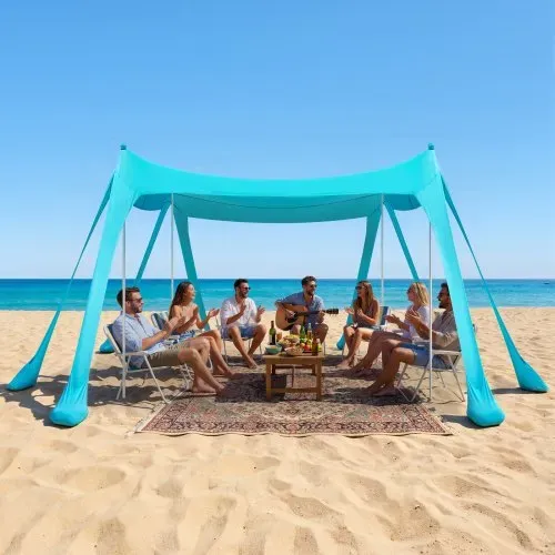 VEVOR Strandzelt mit Sonnenschutz (UPF 50+) 3 x 3 x 2 m, Strandmuschel mit Sandsäcken & Stützstangen & Sandschaufeln, Tragbares Sonnensegel für Familienausflüge Camping Angel Grün – Bild 7