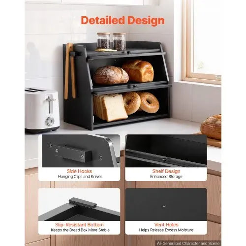 VEVOR Brotkasten mit 2 Acrylfenstern 464 x 251 x 361 mm Bambusholz Schwarz für Bagels, Muffins & Selbstgebackenes Brot, Brotbox mit Magnetverschluss, Seitenhaken & Belüftungslöchern, Brotkiste Küche – Bild 3