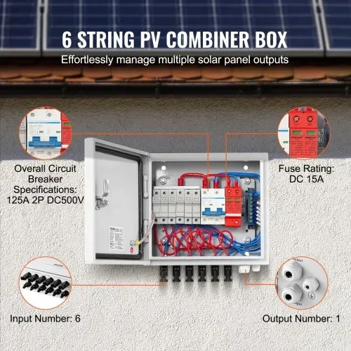 VEVOR PV-Combiner-Box, 6-String, Solar-Combiner-Box mit 15 A Nennstromsicherung, 125 A Leistungsschalter, Blitzableiter und Solaranschluss, Stahlgehäuse für On-/Off-Grid-Solarpanelsystem, IP65 – Bild 2