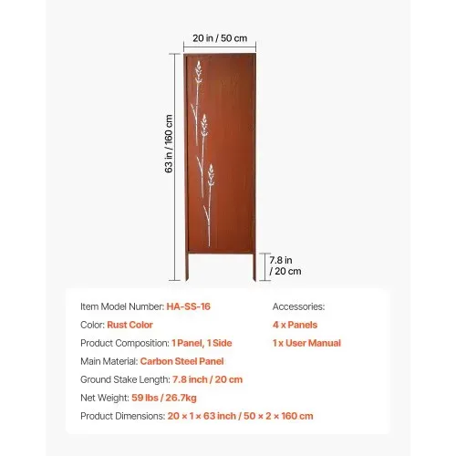 VEVOR Paravent 50x160 cm 4er-Pack, Raumteiler, Trennwand mit Erdspießen & Kohlenstoffstahlplatte, Sichtschutz, Raumtrenner, Dekorative Sichtschutzwand für Garten, Terrasse, Hof, Balkon – Bild 6