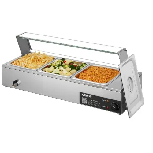 VEVOR kommerzieller Speisenwärmer mit Glasabdeckung & 3 Behälter (1/2-Größe) 1,5 kW Buffetwärmer Edelstahl, Buffetbehälter Buffet-Wasserbad Speisenwärmstation für Restaurants Partys Buffets – Bild 9
