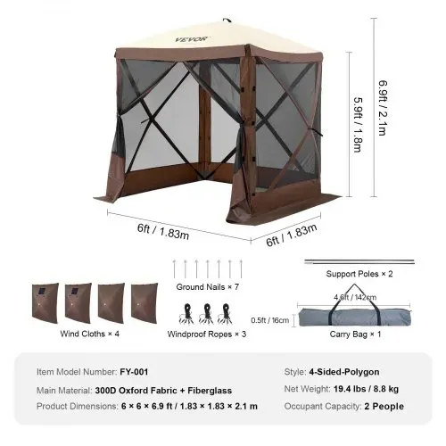 VEVOR Pop-Up-Pavillonzelt, Pop-Up-Zelt mit 4-seitigem Baldachin, Sonnenschutz mit 4 abnehmbaren Sichtschutz-Windtüchern und Netzfenstern, 6 x 6 Fuß, Schnellaufbau-Zelt mit Moskitonetz, braun – Bild 6