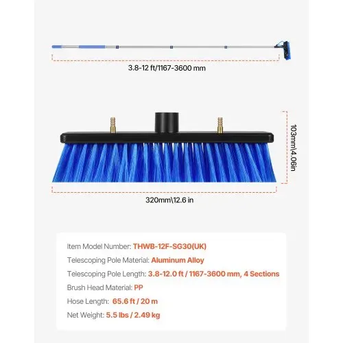 VEVOR Teleskop Waschbürste mit Teleskopstiel, 3,6 m langeTeleskopstange mit ausziehbarem Griff, 180° drehbarem Bürstenkopf & 20 m Schlauch, für den Haushalt & Außenbereich für Caravan-Solarmoduldecks – Bild 6