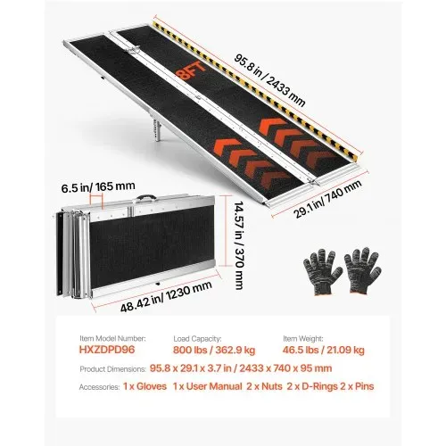 VEVOR Rollstuhlrampe Faltbar 2440x745mm, 362,9kg Belastbare Schwellenrampe mit Rutschfester Oberfläche & 170-400mm Verstellbaren Stützfüßen, Tragbare Auffahrrampe für Rollstuhl Türschwelle Bordsteine – Bild 6