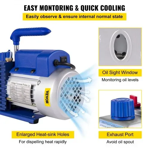 VEVOR 3CFM Leere einstufige Vakuumpumpe, 1/4HP Vakuumpumpe 2-Wege Unterdruckpumpe Klimaanlage, 220V Vakuumpumpe Unterdruckpumpe, geeignet für Kühlmittel R12 R134a R22 R410a R404 R502 – Bild 5
