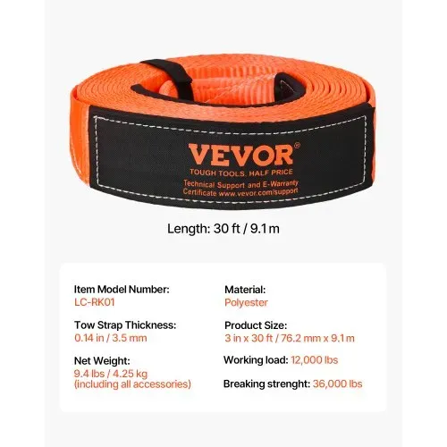 VEVOR Abschleppgurt-Bergeset, 16329 kg, Abschleppseil mit Aufbewahrungstasche & 19 mm D-Ring-Schäkel, Notfall-Hochleistungsgurt für SUVs, Pickups, LKWs, Boote, Geländefahrzeuge, 76,2 mm x 9,1 m – Bild 6