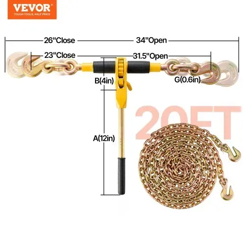 VEVOR Ratschen-Kettenbinder 2 Stück 3/8"-1/2" Hochleistungs-Lastbinder mit G80-Ketten 5443 kg sichere Belastungsgrenze, arbeitssparender Anti-Rutsch-Griff Spannkettenbinder für Tieflader-LKW-Anhänger – Bild 6
