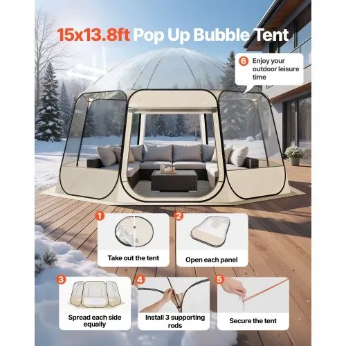 VEVOR Pop-up-Bubble-Zelt, 458 x 432 x 230 cm, transparentes Campingzelt, Garten-Kuppel-Iglu-Zelt mit Fenstern, Sportzelt, 540°-Panoramablick, für 12–15 Personen, Terrasse, Hinterhof VEVOR Pop-up-Bubble-Zelt, 458 x 432 x 230 cm, transparentes Campingzelt, Garten-Kuppel-Iglu-Zelt mit Fenstern, Sportzelt, 540°-Panoramablick, für 12–15 Personen, Terrasse, Hinterhof