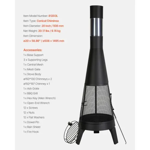 VEVOR Gartenkamin, φ508x1495 mm Terrassenofen, konischer Kamin zum Grillen & Wärmen, Aztekenofen für draußen mit Grillgitter, Kaminmantel & rostfreiem Kamindeckel, für Terrasse, Garten, Hinterhof – Bild 6