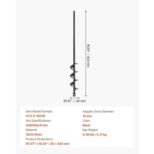 VEVOR Erdbohrer für Bohrmaschine, 40 x 420 mm Gartenbohrer aus Q235-Stahl, für 3/8-Zoll-Sechskant-Bohrer, Pfahlbohrer, Durchlässenbohrer, Grabungswerkzeug zum Pflanzen und Bohren – Bild 6