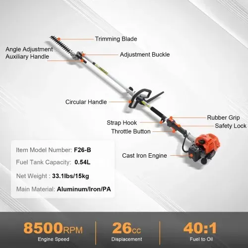 VEVOR 5-in-1 Heckentrimmer Benzin-Heckenschere 26CC Langstielheckenschere 0,54L – Bild 6