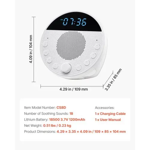 VEVOR Einschlafhilfe, White Noise Machine, 18 Musktitel, 7-farbiges Nachtlicht, 6-in-1-Soundmaschine mit weißem Rauschen & zwei Alarmen, APP, automatischer Abschalttimer & Speicherfunktion – Bild 6