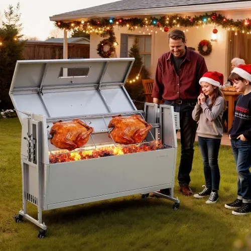 VEVOR Drehspießgrill 38 W Spanferkelgrill Lammgrill Holzkohlegrill (1168,4 mm Grilllänge) mit 60 kg Tragkraft & Rädern & 4-facher Höhenverstellung & Deckel, Edelstahl-Elektrogrill-Set für Camping – Bild 7