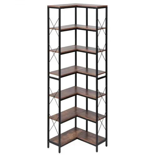 VEVOR Eckregal mit 7 Ebenen, hoher Eckständer Displayregal Lagerregal mit Metallrahmen & Holzregalen, Standregal (91 kg pro Ebene) Ausstellungsbücherregal für Schlafzimmer Wohnzimmer Büro Braun – Bild 8