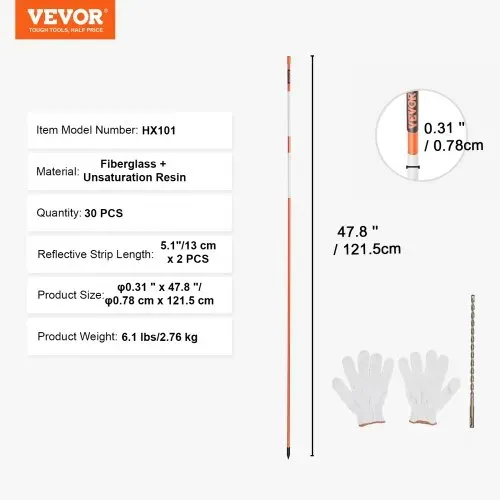 VEVOR Einfahrtsmarkierungen, 30 Stk. 121,92 cm, 1,02 cm Durchmesser, orangefarbene Glasfaserstangen, Schneepfähle mit reflektierendem Band, 30,48 cm Stahlbohrer und Schutzhandschuhe für Parkplätze, Ge – Bild 6
