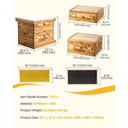 VEVOR Bienenstock, 20 Rahmen, Bienenbeute Zander, mit Bienenwachs beschichtetes Tannenholz, 1 tiefer + 1 mittlerer Bienenkasten, Langstroth-Bienenstock-Set, transparente Acrylfenster mit Fundamenten – Bild 6