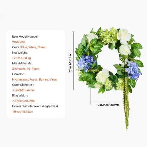 VEVOR Künstlicher Dekokranz, 58,42cm, Blau-Weiß-Grün, dekoriert mit Hortensien, Rosen, Beeren, Ranken, Türkranz ganzjährig, für drinnen & draußen, als Dekoration für Hauswände, Fenster & Festivals – Bild 6