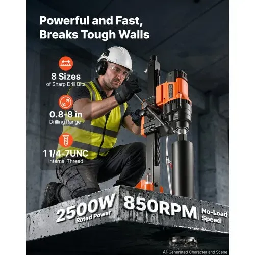 VEVOR Diamant Kernbohrmaschine 2500 W Kernbohrgerät Trocken/Nass 20-202 mm, für Beton Ziegel Keramikfliesen Asphalt Marmorböden, Inkl. 8 Bohrer & Rollständer & Tragegriff, 800 U/min, UNC1 1/4–7 Gewinde VEVOR Diamant Kernbohrmaschine 2500 W Kernbohrgerät Trocken/Nass 20-202 mm, für Beton Ziegel Keramikfliesen Asphalt Marmorböden, Inkl. 8 Bohrer & Rollständer & Tragegriff, 800 U/min, UNC1 1/4–7 Gewinde