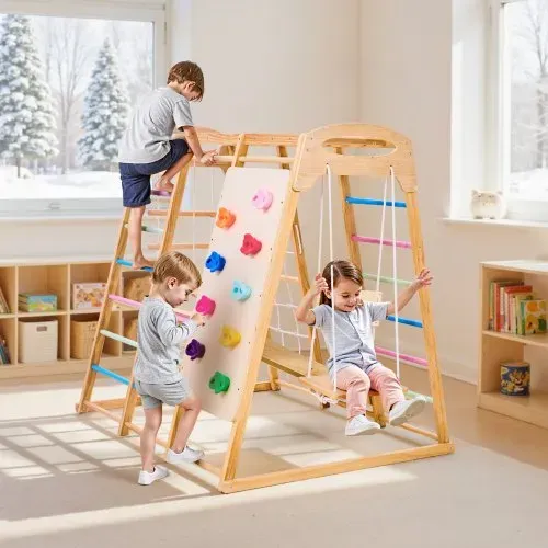 VEVOR Indoor Spielplatz Klettergerüst (9 in 1) aus Holz, 113 kg belastbares Montessori-Kletterspielzeug-Set mit Schaukeln/Klettergerüst/Rutsche/Holzleiter/Strickleiter/Kletternetz/Fels/Stange/Seil – Bild 7
