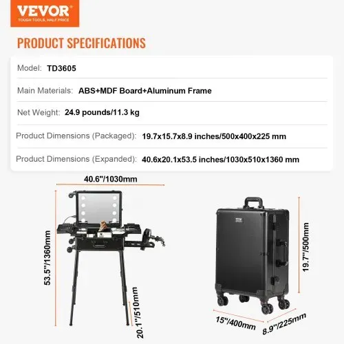 VEVOR Kosmetikkoffer 1030 x 510 x 1360 mm Schminktasche ABS + MDF-Platte + Aluminiumrahmen Schminkkoffer Make-Up Koffer Ideal für Friseur-, Make-up-Studios, Hochzeits- oder Event-Make-up – Bild 6