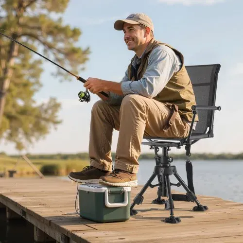 VEVOR Faltstuhl Campingstuhl Anglerstuhl mit Armlehnen & Stahlrahmen & verstellbarer Beine Klappstuhl Gartenstuhl (158 kg belastbar) 360° geräuschlos drehbar, für Picknick Garten Outdoor Angeln – Bild 7