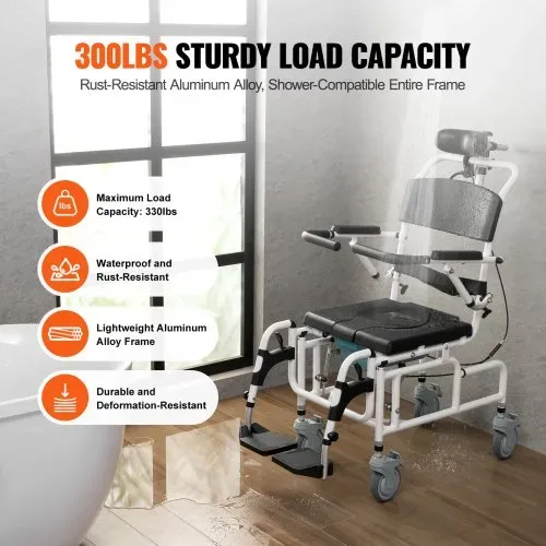 VEVOR Duschrollstuhl, 440 mm breiter Toilettenrollstuhl aus Aluminiumlegierung für Innendusche, Toilettenstuhl mit Bremse für behinderte Erwachsene, Rollstuhl mit einer Tragkraft von 136 kg – Bild 2