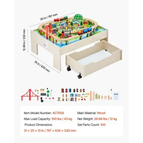 VEVOR Holz Aktivitätstisch, 100-teilig, Eisenbahntisch mit rollender Schublade, 3-in-1-Holzeisenbahn-Set zum Spielen, Malen, Lesen, Essen, kreatives Spielzeug-Set für Kinder ab 3 Jahren – Bild 6