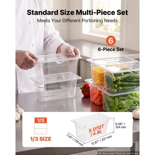 VEVOR GN 1/3 Behälter 15 cm Tief 6er-Set Lebensmittelbehälter mit Deckel PC für Restaurants, Buffets & Salatbars, 327 x 178 x 154 mm, –40 bis 100 °C, Spülmaschinenfest, Stapelbar, Skalenmarkierung VEVOR GN 1/3 Behälter 15 cm Tief 6er-Set Lebensmittelbehälter mit Deckel PC für Restaurants, Buffets & Salatbars, 327 x 178 x 154 mm, –40 bis 100 °C, Spülmaschinenfest, Stapelbar, Skalenmarkierung