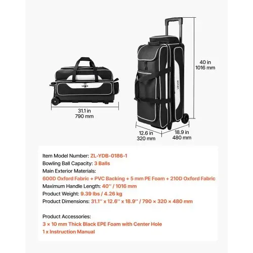 VEVOR Bowlingtasche mit Rollen für 3 Kugeln 600D Oxford Schwarz + Weiß, für Schuhe bis US-Größe 16 und Zubehör, mit Teleskopgriff (bis zu 1016 mm), Doppellagigen Ablagen und Verstärkten Nähten – Bild 6