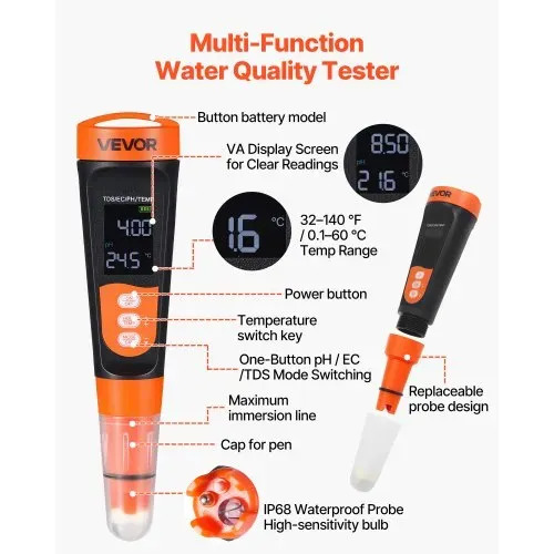 VEVOR pH-Meter, pH/EC/TDS Multiparameter-Messung, IP68 Wasserdichte Sonde, Taschen-Tester-Set mit Kalibrierpulver-Päckchen, VA-Display, PH Messgerät, Wassertester für Wasserqualitätsprüfung – Bild 3