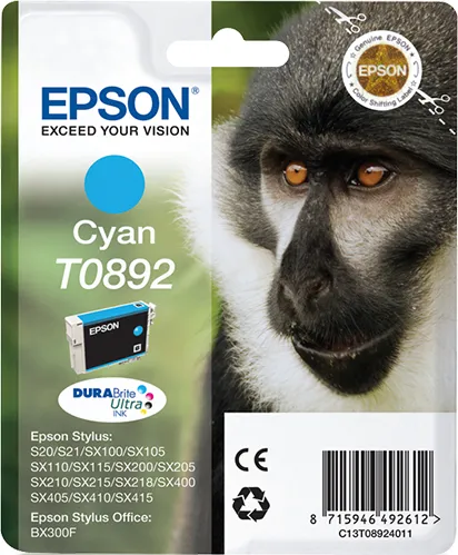 Epson Monkey Singlepack Cyan T0892 DURABrite Ultra Ink Epson Monkey Singlepack Cyan T0892 DURABrite Ultra Ink