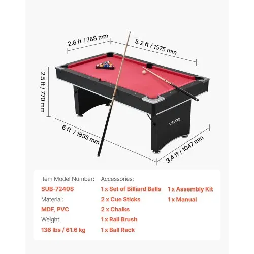 VEVOR Billardtisch 183 cm moderner Spieltisch mit verstellbaren Füßen, komplettes Set inkl.Bällen / Queues / Ständer / Kreide / Bürste, für Spielzimmer Freizeiträume schwarz mit rotem Tuch – Bild 6
