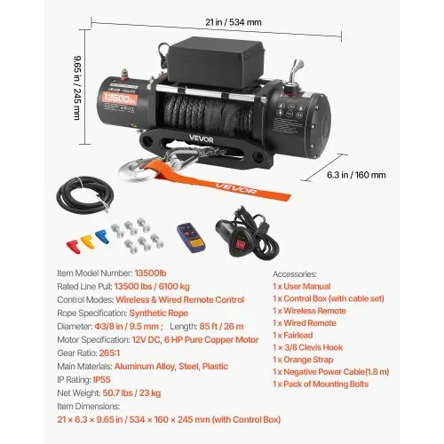 VEVOR Elektrische Seilwinde, 6100 kg, 12 V DC Elektrowinde mit 26 m Synthetikseil, kabellose & kabelgebundene Fernbedienung, IP55, zum Abschleppen von Geländewagen, Jeeps, Anhängern &Booten – Bild 6