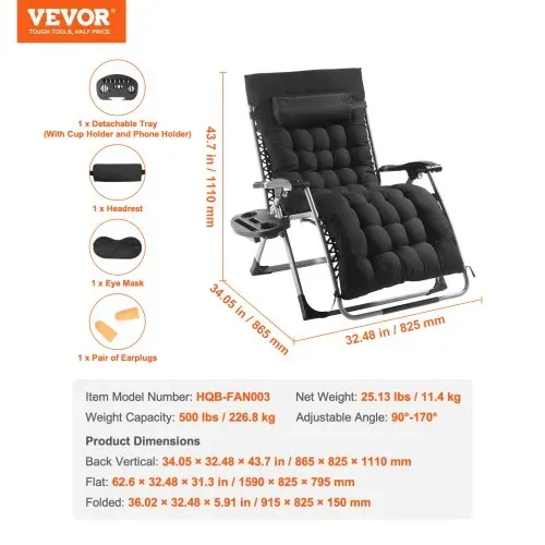VEVOR Schwerelosigkeitsstuhl, 84 cm Schwerelosigkeits-Liegestuhl für drinnen und draußen, verstellbarer Anti-Schwerkraftstuhl mit Kissen, Kopfstütze, Fußstütze und Getränkehalter, 227 kg, schwarz – Bild 6